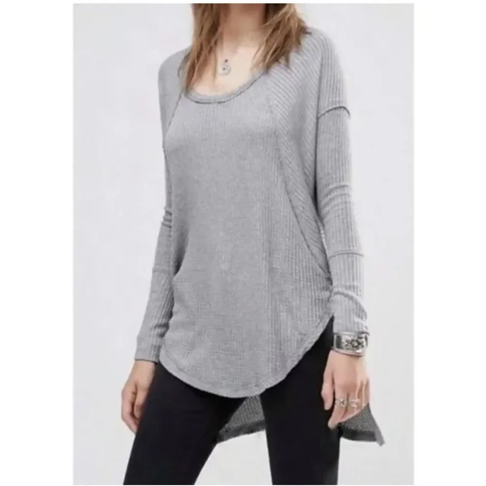 Free People Gray Ventura Raglan Waffle Knit Thermal Top Long Sleeve Size S